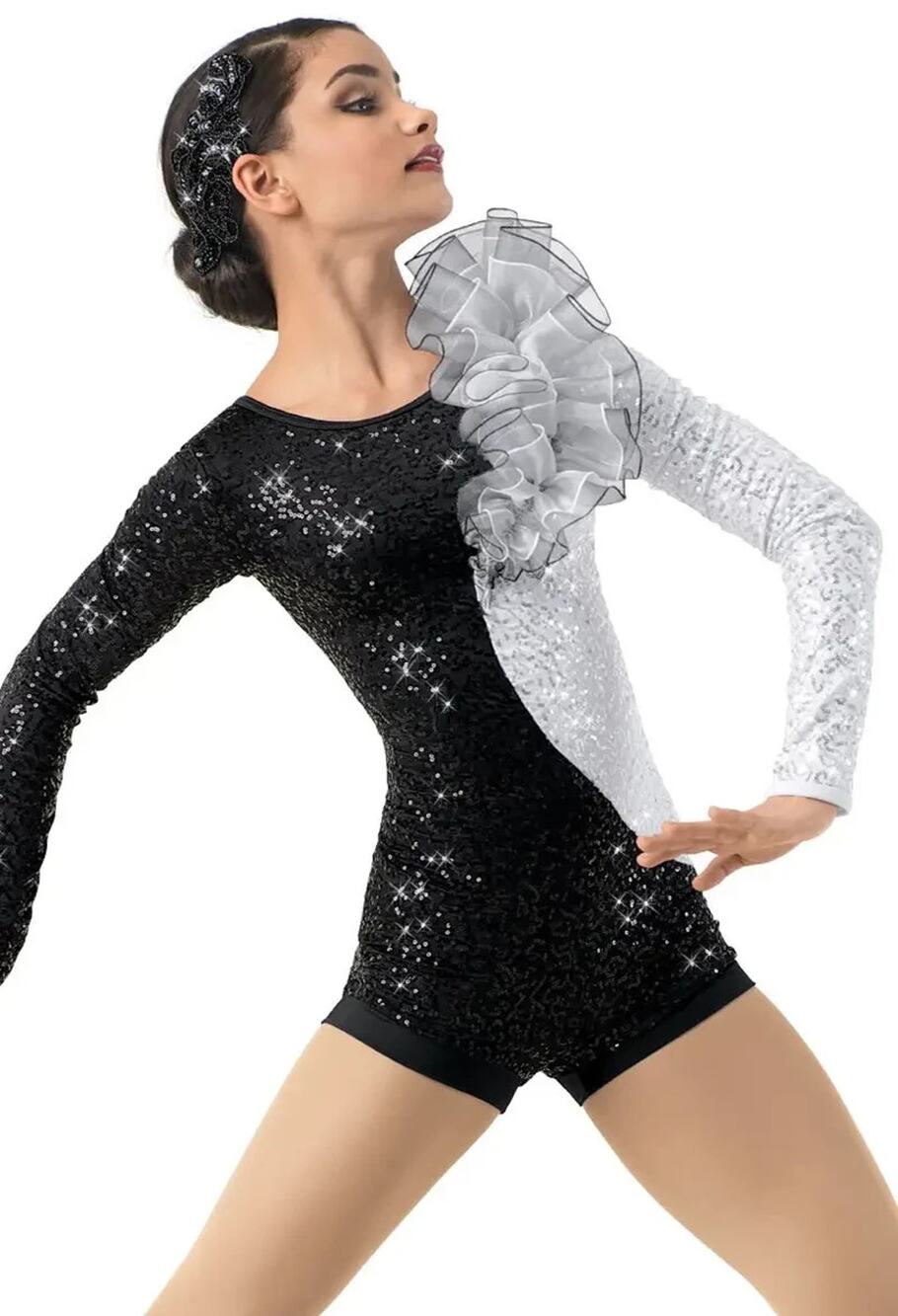 Dance Costume Weissman 10099 Ruffle-Bodice Sequin Biketard Human Black Silver